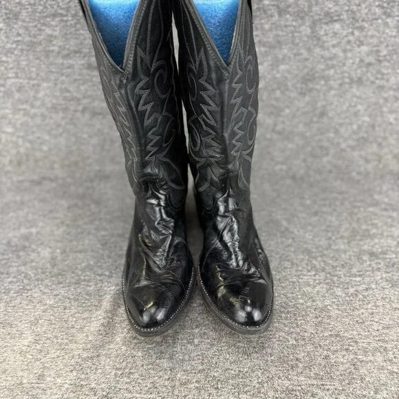 ✅ Mens 9.5D VTG Cowboy Boots Black Leather Almond Toe Embroidered Made In USA - Picture 7 of 11